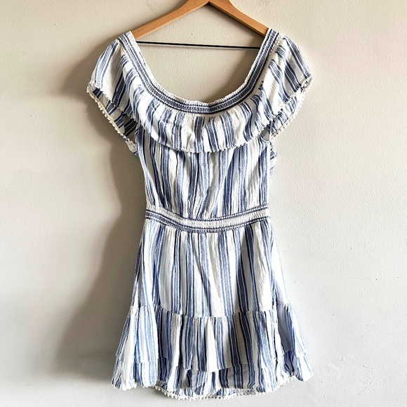 LoveShackFancy Elizabeth Striped Off-the-Shoulder Dress | Blue & White | Large - Picture 5 of 15
